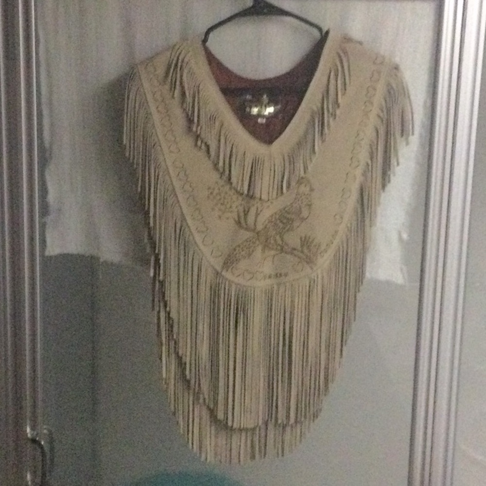 Woman’s Fringed Tan Leather Collar/vest With hand tooled design
